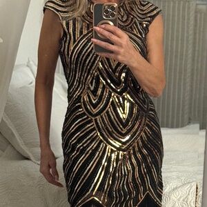 Evening, Dance or Costume! Lovely Gold, Black, Silver Sequins and Fringe Dress